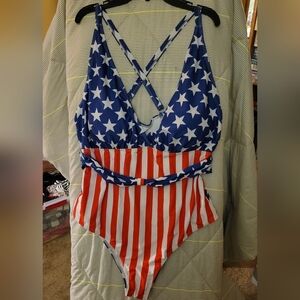 Shein American Flag One Piece Criss Cross Back Adj straps Bathing Suit 3XL
